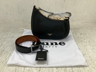 DUNE LONDON 511 OPERA TAN LEATHER REVERSIBLE BELT TO INCLUDE DUNE LONDON 038 DIRECTION BLACK PLAIN SYNTHETIC SMALL BAG: LOCATION - D5