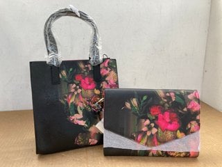 WYSE PRINTED ICON POUCH IN BLACK FLORAL TO INCLUDE WYSE PRINTED SMALL ICON BAG IN BLACK FLORAL: LOCATION - D1