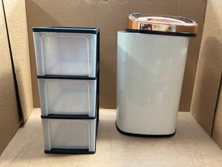 58L SQUARE SENSOR BIN IN ROSE GOLD WHITE TO INCLUDE 3 DRAWER PLASTIC CABINET: LOCATION - A2