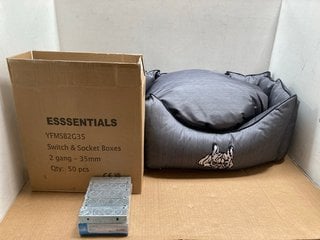 BOX OF SWITCH & SOCKETS BOXES TO INCLUDE LARGE DOG BED IN METALLIC GREY: LOCATION - A9