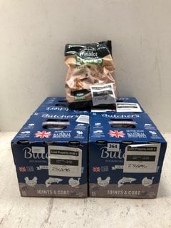 4 X BOXES OF BUTCHERS GRAIN FREE DOG FOOD - BBE: JANUARY 2027 TO INCLUDE WINALOT SHAPES DOG BISCUITS 1.8KG - BBE: FEBRUARY 2026: LOCATION - A13