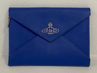 VIVIENNE WESTWOOD LEATHER CROSSBODY ENVELOPE CLUTCH BAG IN BLUE - RRP £190: LOCATION - FRONT BOOTH