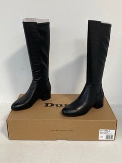 DUNE LONDON TAYLA STRETCH LEATHER KNEE-HIGH BOOTS IN BLACK UK SIZE 6 - RRP £160: LOCATION - FRONT BOOTH