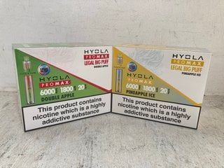 2 X BOXES OF HYOLA PRO MAX 6000 PUFFS VAPES IN DOUBLE APPLE AND PINEAPPLE ICE FLAVOURS (PLEASE NOTE: 18+YEARS ONLY. ID MAY BE REQUIRED): LOCATION - D0