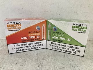 2 X BOXES OF HYOLA PRO MAX 6000 PUFFS VAPES IN FRESH MINT AND STRAWBERRY BURST FLAVOURS (PLEASE NOTE: 18+YEARS ONLY. ID MAY BE REQUIRED): LOCATION - D0