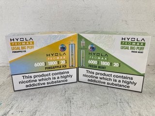 2 X BOXES OF HYOLA PRO MAX 6000 PUFFS VAPES IN FRESH MINT AND PINEAPPLE ICE FLAVOURS (PLEASE NOTE: 18+YEARS ONLY. ID MAY BE REQUIRED): LOCATION - D0