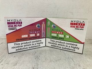 2 X BOXES OF HYOLA PRO MAX 6000 PUFFS VAPES IN DOUBLE APPLE AND STRAWBERRY RASPBERRY ICE FLAVOURS (PLEASE NOTE: 18+YEARS ONLY. ID MAY BE REQUIRED): LOCATION - D0