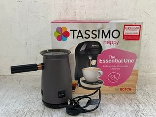 BOSCH TASSIMO HAPPY COFFEE MACHINE TO INCLUDE HOTEL CHOCOLATE VELVETISER HOT CHOCOLATE MACHINE IN GREY: LOCATION - D11