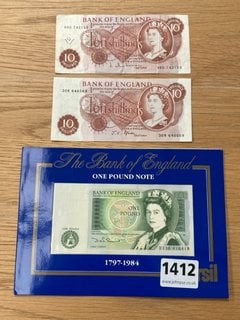 2 X TEN SHILLING NOTES AND A LAST ISSUE POUND NOTE: LOCATION - CR