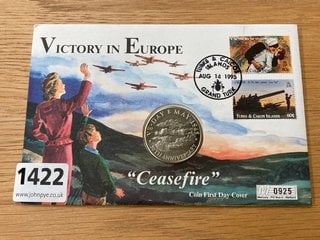 A FIVE CROWN VE DAY 50TH ANNIVERSARY COMMEMORATIVE FIRST DAY COIN COVER: LOCATION - CR