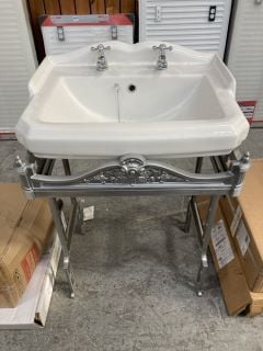 (COLLECTION ONLY) BURLINGTON TRADITIONAL STYLE WASH STAND IN MAT GREY WITH A 610MM WIDE 2TH TRADITIONAL CERAMIC BASIN COMPLETE WITH A PAIR OF TRADITIONAL CROSSHEAD PILLAR TAPS IN CHROME WITH PLUG & C