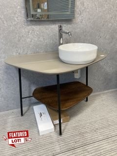 (COLLECTION ONLY) VITRA PLURAL CERAMIC COUNTERTOP IN MAT BEIGE & TEAK SHELF 1032 X 612MM WITH A 350MM DIAM CERAMIC VESSEL BASIN COMPLETE WITH A HIGH MONO BASIN MIXER TAP & CHROME SPRUNG WASTE WITH EX