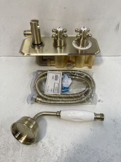 TRADITIONAL CROSSHEAD CONCEALED TWIN SHOWER VALVE IN BRUSHED BRASS WITH OUTLET ELBOW/PARKING BRACKET COMPLETE WITH SHOWER HANDSET & HOSE - RRP £525: LOCATION - R1