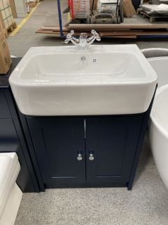 (COLLECTION ONLY) FLOOR STANDING 2 DOOR SEMI RECESSED SINK UNIT IN INDIGO WITH A 610 X 410MM 1TH CERAMIC COMPLETE WITH A TRADITIONAL CROSSHEAD MONO BASIN MIXER TAP AND CHROME SPRUNG WASTE RRP £765: L