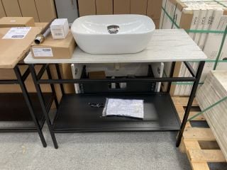 (COLLECTION ONLY) FLOOR STANDING MODERN WASH STAND IN BLACK WITH A 980 X 440 X 12MM MINERVA CONCRETE HAZE COUNTERTOP TO INCLUDE A CERAMIC VESSEL BASIN & HIGH MONO BASIN MIXER TAP & CHROME SPRUNG WAST