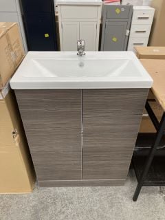 (COLLECTION ONLY) FLOOR STANDING 2 DOOR SINK UNIT IN BROWN GREY AVOLA WITH A 610 X 370MM 1TH CERAMIC BASIN COMPLETE WITH A MONO BASIN MIXER TAP & CHROME SPRUNG WASTE - RRP £740: LOCATION - D2