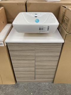 (COLLECTION ONLY) FLOOR STANDING 2 DOOR COUNTERTOP SINK UNIT IN DRIFTWOOD & WHITE 550 X 380MM WITH A SQUARE CERAMIC VESSEL BASIN COMPLETE WITH A HIGH MONO BASIN MIXER TAP & CHROME SPRUNG WASTE - RRP