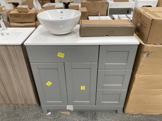 (COLLECTION ONLY) FLOOR STANDING 2 DOOR 3 DRAWER COUNTERTOP SINK UNIT IN GREY & WHITE 900 X 460MM WITH A CERAMIC VESSEL BASIN & HIGH MONO BASIN MIXER TAP IN CHROME - RRP £865: LOCATION - D4