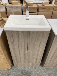 (COLLECTION ONLY) FLOOR STANDING 2 DOOR SINK UNIT IN DRIFTWOOD WITH A 500 X 360MM 1TH POLYMARBLE BASIN COMPLETE WITH A MONO BASIN MIXER TAP & CHROME SPRUNG WASTE - RRP £725: LOCATION - D4