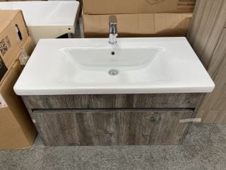 (COLLECTION ONLY) WALL HUNG 1 DRAWER SINK UNIT IN JACKSON PINE WITH A 900 X 460MM 1TH CERAMIC BASIN COMPLETE WITH A MONO BASIN MIXER TAP & CHROME SPRUNG WASTE - RRP £860: LOCATION - D4