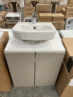 (COLLECTION ONLY) FLOOR STANDING 2 DOOR COUNTERTOP SINK UNIT IN MAT STONE & WHITE 600 X 300MM WITH A 1TH CERAMIC BASIN COMPLETE WITH A MONO BASIN MIXER TAP & CHROME SPRUNG WASTE- RRP £645: LOCATION -