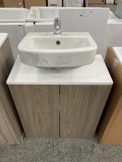 (COLLECTION ONLY) FLOOR STANDING 2 DOOR COUNTERTOP SINK UNIT IN CARINI WALNUT & WHITE 600 X 300MM WITH A 1TH CERAMIC BASIN COMPLETE WITH A MONO BASIN MIXER TAP & CHROME SPRUNG WASTE- RRP £645: LOCATI