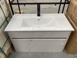 (COLLECTION ONLY) WALL HUNG 1 DRAWER SINK UNIT IN WHITE LEVANTO MARBLE 760 X 440MM WITH A 810 X 400MM 1TH CERAMIC BASIN COMPLETE WITH A BLACK MONO BASIN MIXER TAP & SPRUNG WASTE - RRP £820: LOCATION