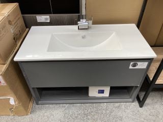 (COLLECTION ONLY) WALL HUNG 1 DRAWER WITH OPEN SHELF SINK UNIT IN GLOSS GREY WITH A 810 X 400MM 1TH CERAMIC BASIN COMPLETE WITH A BLADE MONO BASIN MIXER TAP & CHROME SPRUNG WASTE - RRP £890: LOCATION