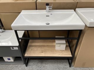 (COLLECTION ONLY) FLOOR STANDING MODERN WASH STAND IN BLACK WITH OAK SHELF WITH A 810 X 470MM 1TH CERAMIC BASIN COMPLETE WITH A MONO BASIN MIXER TAP & CHROME SPRUNG WASTE - RRP £860: LOCATION - D2