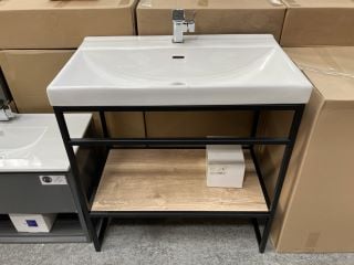 (COLLECTION ONLY) FLOOR STANDING MODERN WASH STAND IN BLACK WITH OAK SHELF WITH A 810 X 470MM 1TH CERAMIC BASIN COMPLETE WITH A MONO BASIN MIXER TAP & CHROME SPRUNG WASTE - RRP £860: LOCATION - D2