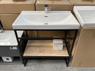 FLOOR STANDING MODERN WASH STAND IN BLACK WITH OAK SHELF WITH A 810 X 470MM 1TH CERAMIC BASIN COMPLETE WITH A MONO BASIN MIXER TAP & CHROME SPRUNG WASTE - RRP £860: LOCATION - D3