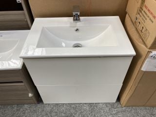 (COLLECTION ONLY) WALL HUNG 2 DRAWER SINK UNIT IN WHITE WITH A 610 X 400MM 1TH CERAMIC BASIN COMPLETE WITH A MONO BASIN MIXER TAP & CHROME SPRUNG WASTE - RRP £755: LOCATION - D3