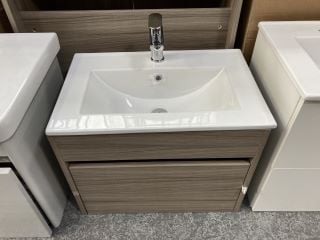 WALL HUNG 1 DRAWER SINK UNIT IN DRIFTWOOD WITH A 610 X 400MM 1TH CERAMIC BASIN COMPLETE WITH A MONO BASIN MIXER TAP & CHROME SPRUNG WASTE - RRP £735: LOCATION - D4