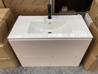 (COLLECTION ONLY) WALL HUNG 2 DRAWER SINK UNIT IN MISTY PINK 800 X 460MM WITH A 810 X 400MM 1TH CERAMIC BASIN COMPLETE WITH A BLACK MONO BASIN MIXER TAP & SPRUNG WASTE - RRP £875: LOCATION - D4