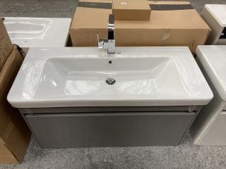 (COLLECTION ONLY) WALL HUNG 1 DRAWER SINK UNIT IN LIGHT GLOSS GREY WITH A 1050 X 460MM 1TH CERAMIC BASIN COMPLETE WITH A MONO BASIN MIXER TAP & CHROME SPRUNG WASTE - RRP £985: LOCATION - D4