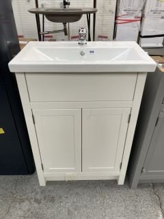 (COLLECTION ONLY) FLOOR STANDING 2 DOOR SINK UNIT IN WHITE WITH A 620 X 370MM 1TH CERAMIC BASIN COMPLETE WITH A MONO BASIN MIXER TAP & CHROME SPRUNG WASTE - RRP £730: LOCATION - D2