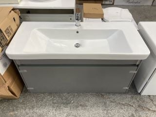 (COLLECTION ONLY) WALL HUNG 1 DRAWER SINK UNIT IN LIGHT GLOSS GREY WITH A 1050 X 460MM 1TH CERAMIC BASIN COMPLETE WITH A MONO BASIN MIXER TAP & CHROME SPRUNG WASTE - RRP £985: LOCATION - D3