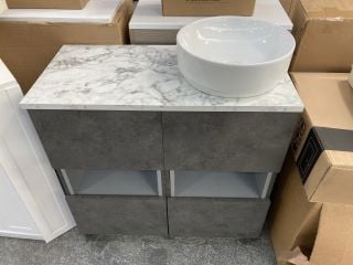 (COLLECTION ONLY) 2 X FLOOR STANDING 2 DRAWER WITH OPEN SHELF SINK UNITS IN GREY STONE & GREY WITH A 810 X 390MM MARBLE EFFECT COUNTERTOP TO INCLUDE A CERAMIC VESSEL BASIN & A HIGH MONO BASIN MIXER T