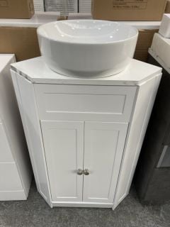 (COLLECTION ONLY) FLOOR STANDING 2 DOOR CORNER SINK UNIT IN WHITE WITH A ROUND CERAMIC VESSEL BASIN & HIGH MONO BASIN MIXER TAP & CHROME SPRUNG WASTE - RRP £655: LOCATION - D3