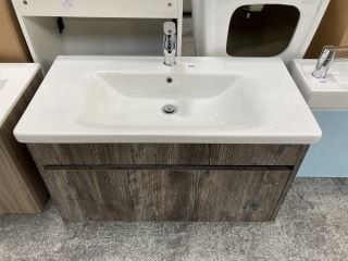 (COLLECTION ONLY) WALL HUNG 1 DRAWER SINK UNIT IN JACKSON PINE WITH A 900 X 460MM 1TH CERAMIC BASIN COMPLETE WITH A MONO BASIN MIXER TAP & CHROME SPRUNG WASTE - RRP £860: LOCATION - D4