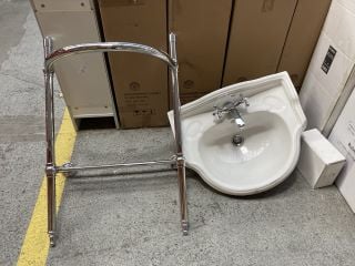 (COLLECTION ONLY) TRADITIONAL STYLED CHROME WASH STAND WITH A 600MM WIDE 1TH TRADITIONAL STYLED CERAMIC BASIN COMPLETE WITH A TRADITIONAL CROSSHEAD MONO BASIN MIXER TAP & CHROME SPRUNG WASTE - RRP £7