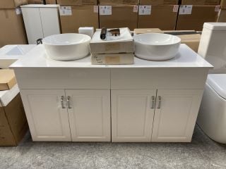 (COLLECTION ONLY) 2 X FLOOR STANDING 2 DOOR BASE UNITS IN WHITE 1300 X 540MM COUNTERTOP 2 X ROUND CERAMIC VESSEL BASINS & 2 X HIGH MONO BASIN MIXER TAPS & CHROME SPRUNG WASTES - RRP £1420: LOCATION -