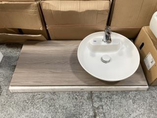 (COLLECTION ONLY) VITRA 1110 X 490MM COUNTERTOP/FLOATING SHELF IN LIGHT OAK WITH A VITRA MAT WHITE CERAMIC 500MM DIAM 1TH COUNTERTOP BASIN & MATCHING WASTE WITH A MONO BASIN MIXER TAP IN CHROME - RRP