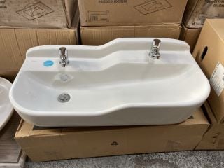 (COLLECTION ONLY) VITRA SENTO KIDS 850MM 2TH CERAMIC BASIN COMPLETE WITH 2 X MONO BASIN MIXER TAPS & CHROME SPRUNG WASTES - RRP £1228: LOCATION - D4