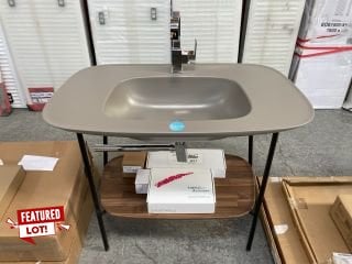 (COLLECTION ONLY) VITRA PLURAL 1000MM VANITY BASIN DESIGNED BY TERI PECORA IN MAT TAUPE & DARK OAK WITH MATCHING WASHSTAND COMPLETE WITH MONO BASIN MIXER TAP & CHROME SPRUNG WASTE WITH A EXPOSED BOTT