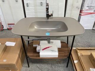 (COLLECTION ONLY) VITRA PLURAL 1000MM VANITY BASIN DESIGNED BY TERI PECORA IN MAT TAUPE & DARK OAK WITH MATCHING WASHSTAND COMPLETE WITH BLACK MONO BASIN MIXER TAP & WITH A EXPOSED BOTTLE TRAP IN BLA