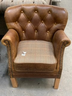 GOVERNOR OLDER VERSION BUTTONED BACK CHAIR IN AMALFI TAN LEATHER TWEED SEAT CUSHION RRP: £998 PRODUCT CODE: XGOVNR: LOCATION - D8