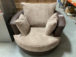 BROWN LEATHER & FABRIC SWIVEL ARMCHAIR: LOCATION - C8