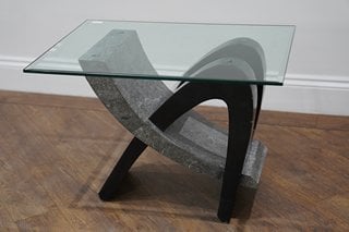 JOHN LEWIS & PARTNERS MODERN STYLE GLASS COFFEE TABLE IN GRANITE & ONYX RRP: £499: LOCATION - BOOTH