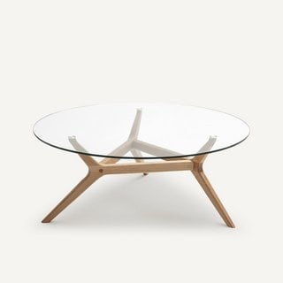 AM.PM MARICIELO OAK & GLASS COFFEE TABLE, DIAMETER 90 CM. RRP - £399: LOCATION - D3